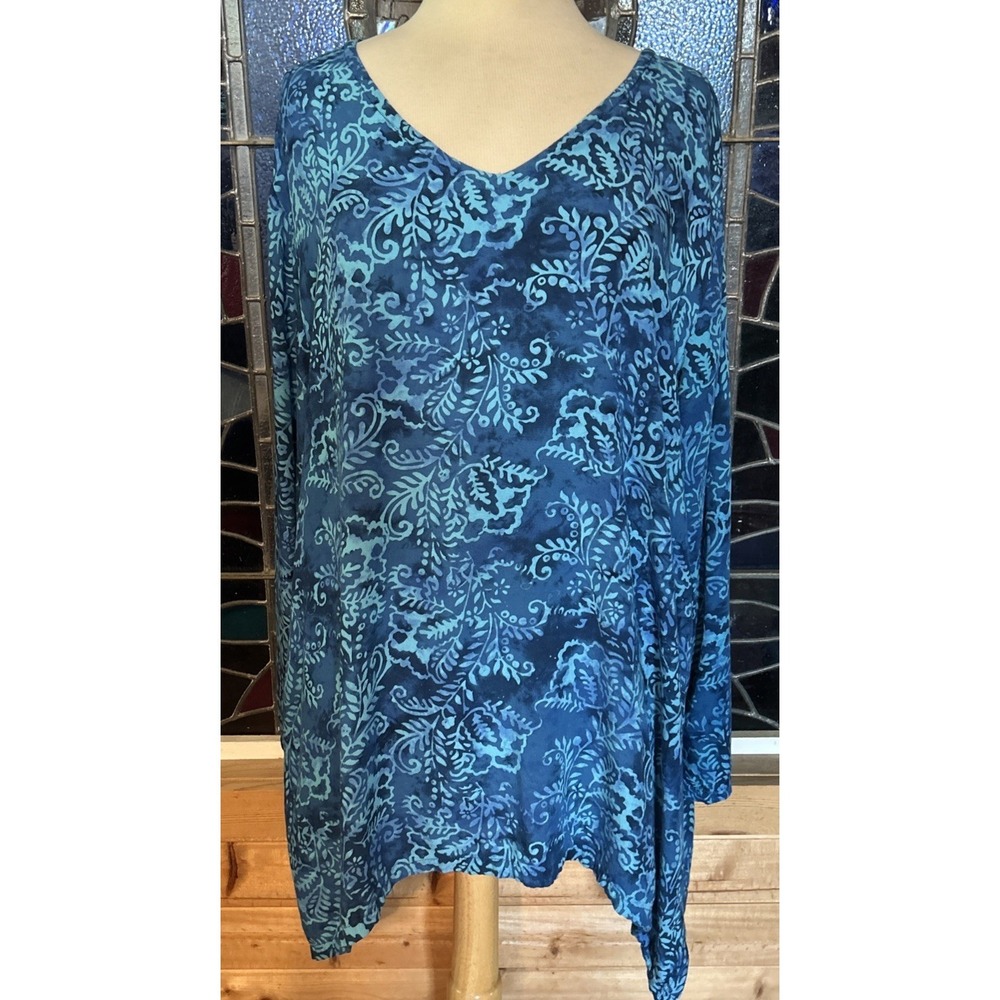Soft Surroundings Blue Batik Floral Rayon Tunic Top Long Sleeve Plus Size 2XL